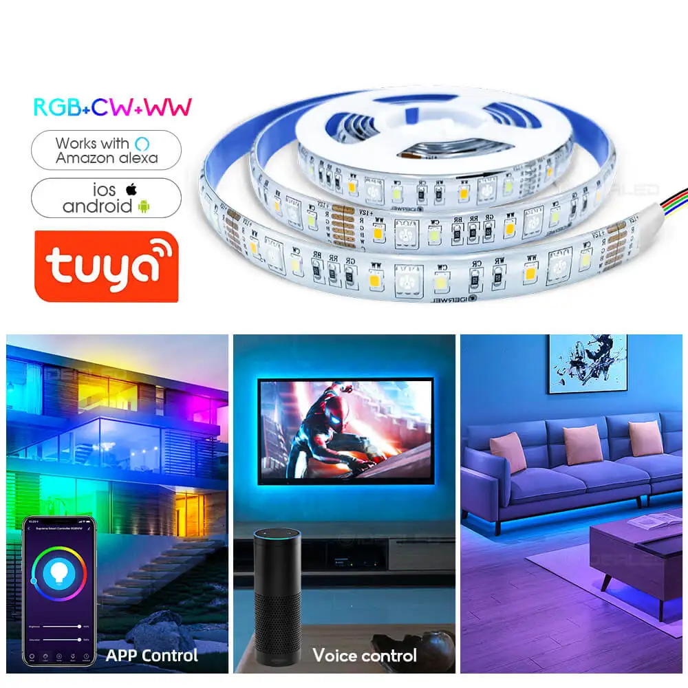 Smart LED RGBWW Light Strip Wifi Controller RGB+WW+CW 12V RGBCCT 6pin Flexible Strip Alexa Voice Control Remote for Tuya APP