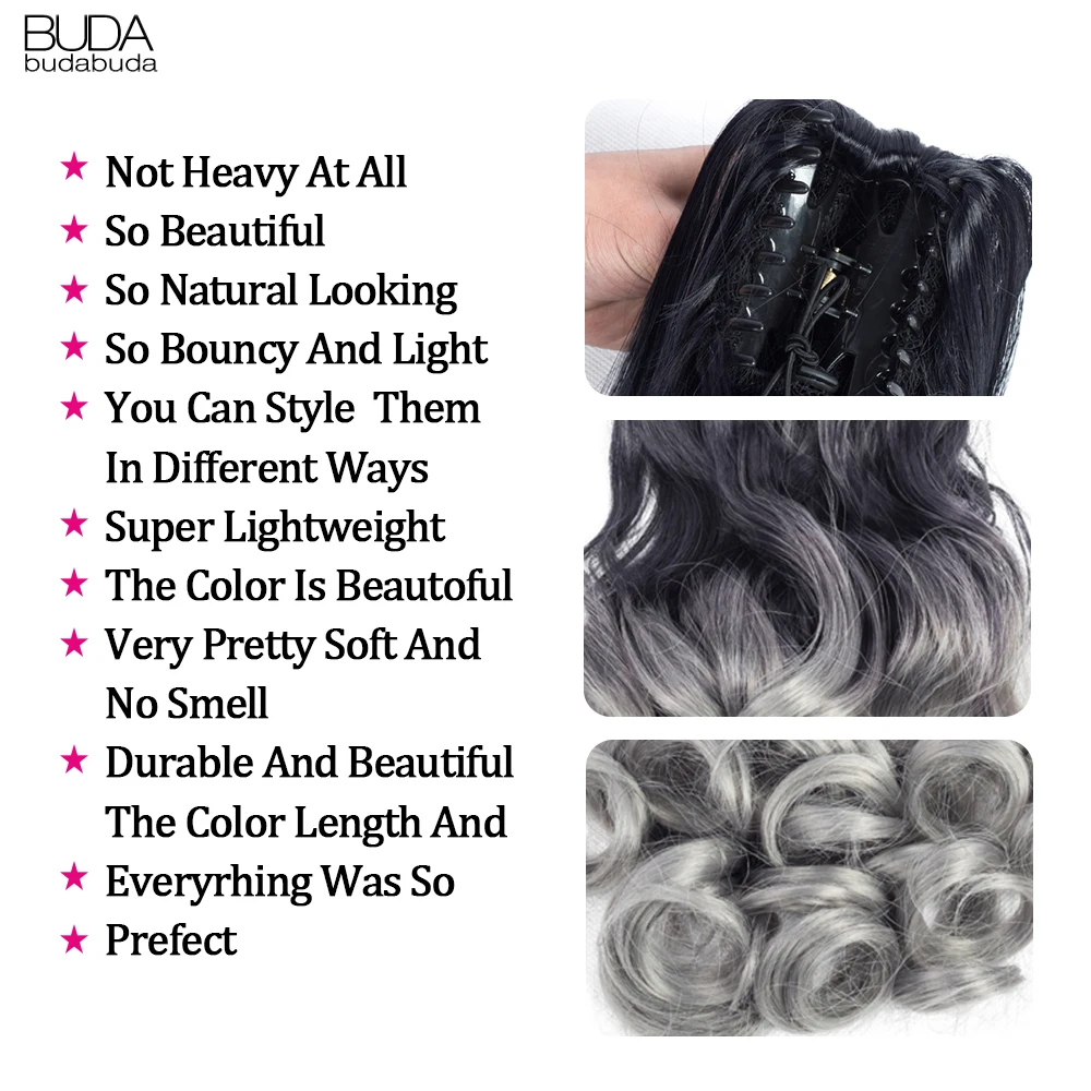 Buabuda-extensiones de cabello sintético para mujeres blancas, cola de caballo ondulada, larga y rizada, Color rosa, gris y Rubio, 20 pulgadas