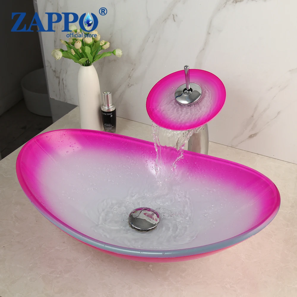 zappo rosa pia de bacia de vidro temperado lavatorio torneira combo banheiro counter top bowl lavabo vanity sink mixer set 01