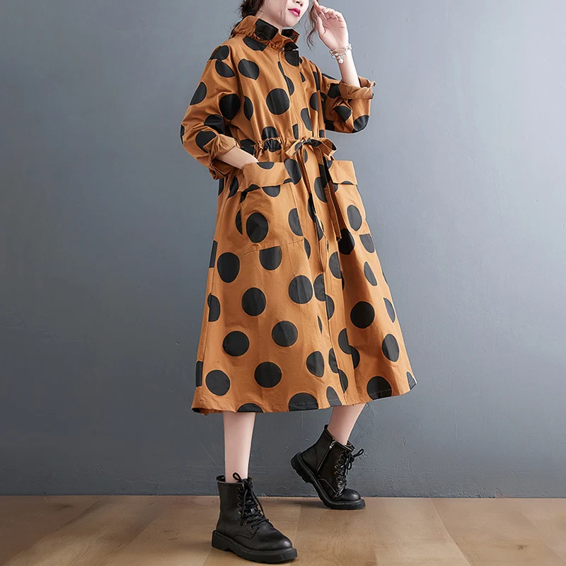 2026 Autumn Winter Oversized Polka Dot Long Trench Coat For Women Clothes Stand Collar Drawstring Fashion Casual Loose Outerwear