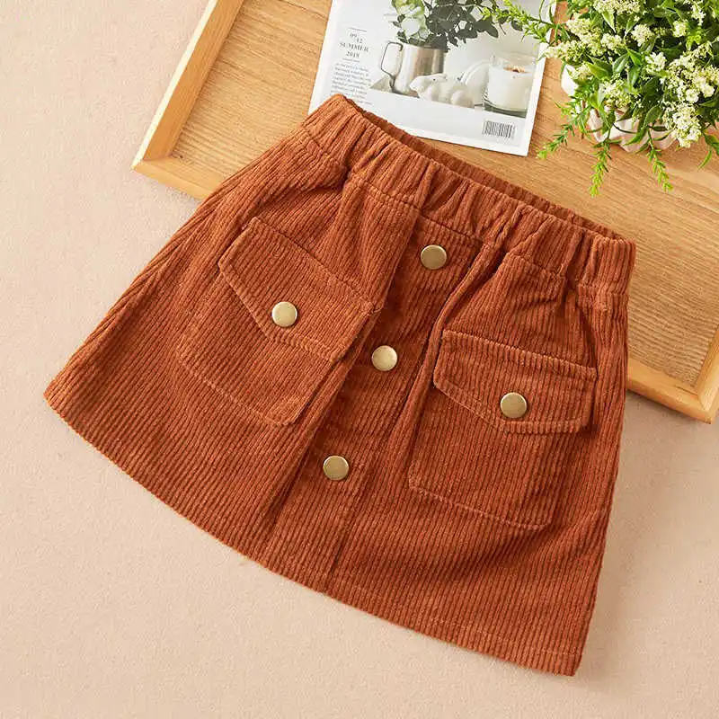 Fashion Kids Skirt School Girls Corduroy Skirt Button Design Pockets Korean Kids Clothes Teenager Children\'s Clothes Girl Skirts