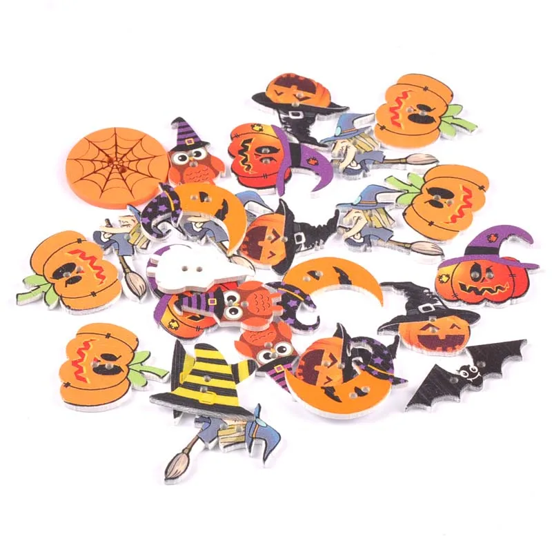 50 sztuk 30mm mieszane z halloweenowym wzorem drewniane guziki botones de madera płaskie ozdoby do dekorowania albumów Craft akcesoria do szycia