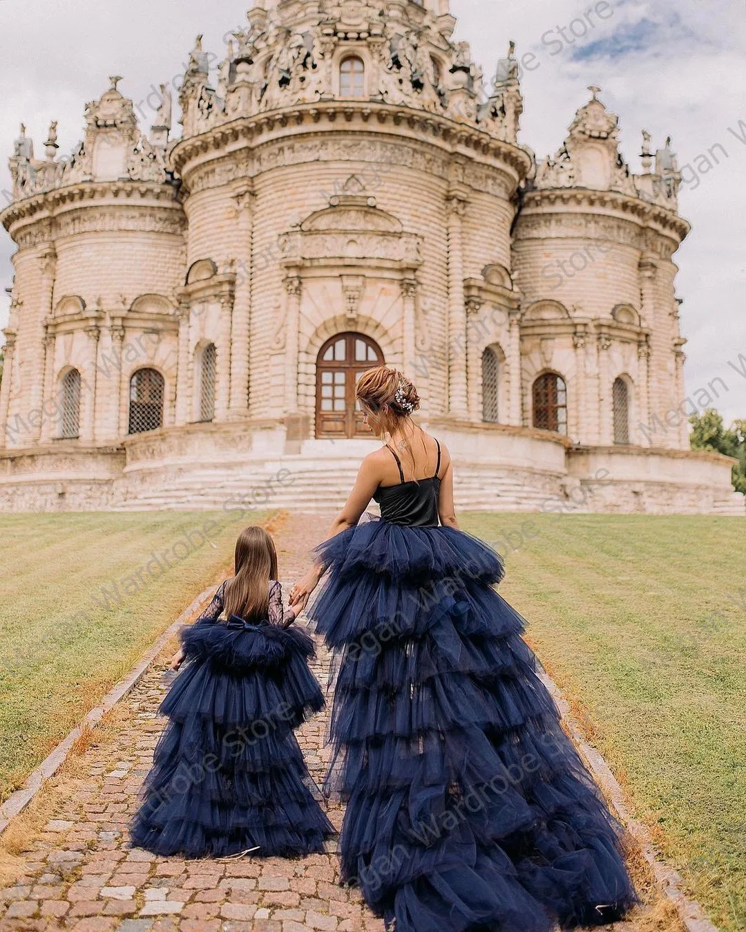 Navy Blue Extra Puffy Hi Low Tiered Ruffles Tulle Long Skirts With Train For Mom & Daughter Photo Shoot Custom Made Mommy & Me