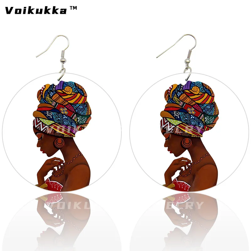 Voikukka Jewelry 6 CM Circle African Women With Blue Hair Art Afro Girl Painting Wood Both Sides Printing Dangle Earrings