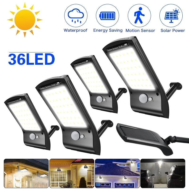 36 LED พลังงานแสงอาทิตย์โคมไฟติดผนังพลังงานแสงอาทิตย์ PIR Motion Sensor หลอดไฟรักษาความปลอดภัย Street ฉุกเฉินกลางแจ้งกันน้ำ