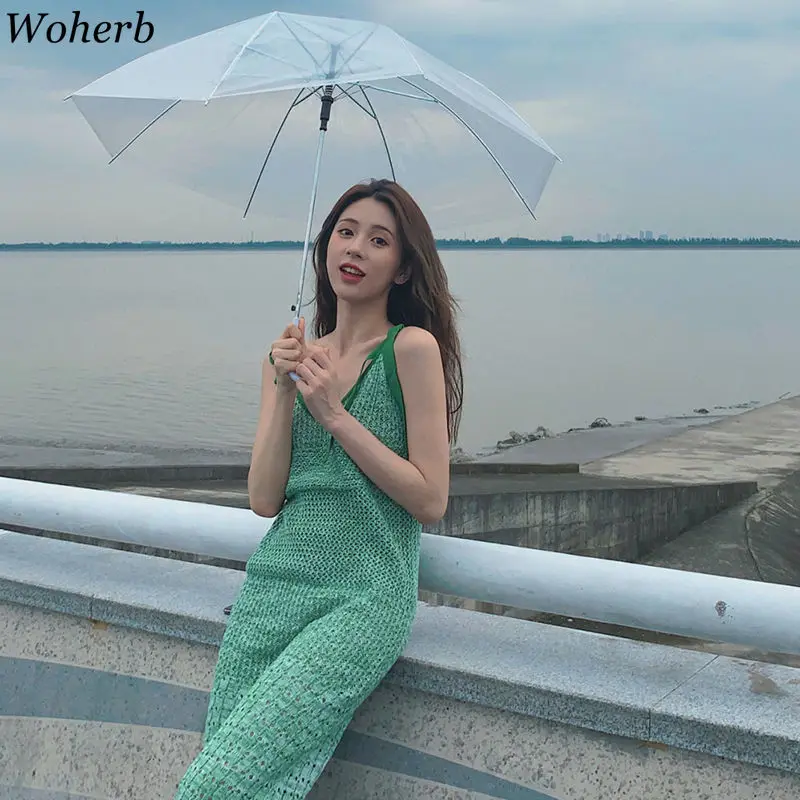 Woherb เซ็กซี่ Camis สปาเก็ตตี้สายคล้องคอสีเขียว Hollow Midi Vestido ฤดูร้อนถักวันหยุด Ropa Vestidos Elegant Vestidos Mujer