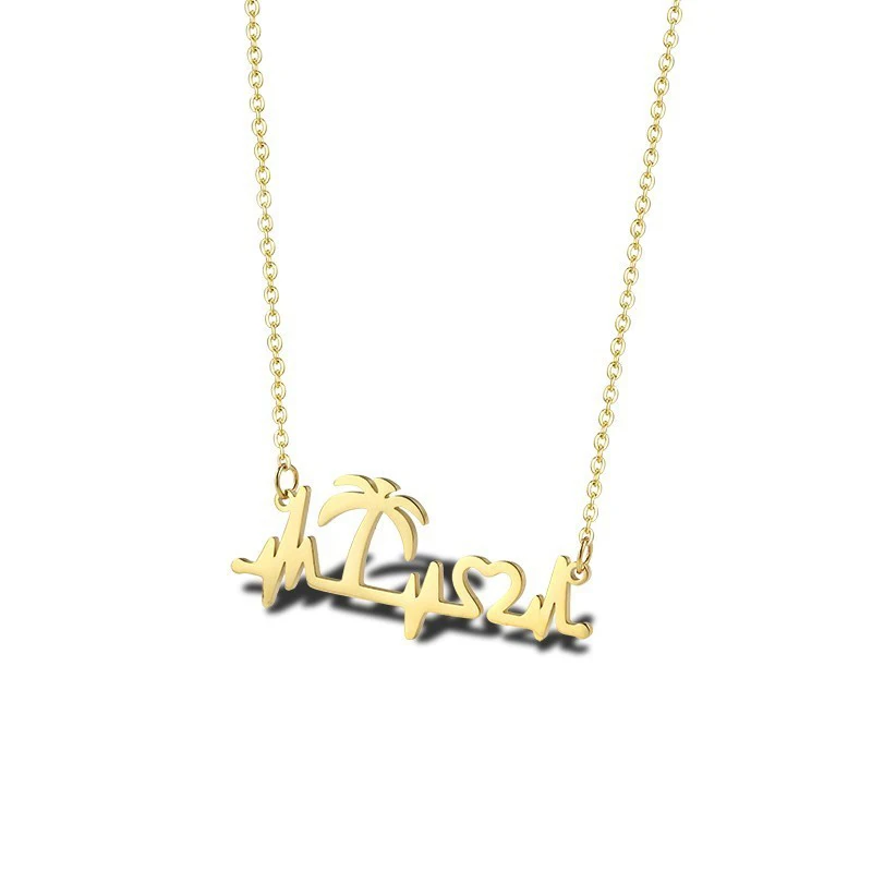 Palm Tree Coconut Tree Electrocardiogram Heartbeat Love Heart Copper Pendant Necklace Tropical Summer Jewelry