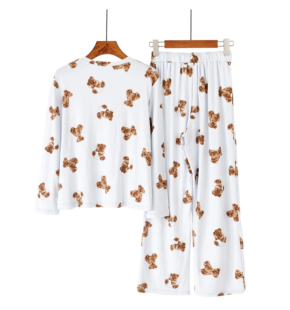 Women Cartoon Pajamas Set Casual Sleepwear Modal 2PCS Long Sleeve Long Pants Soft Homewear Intimate Lingerie Cute Nightwear