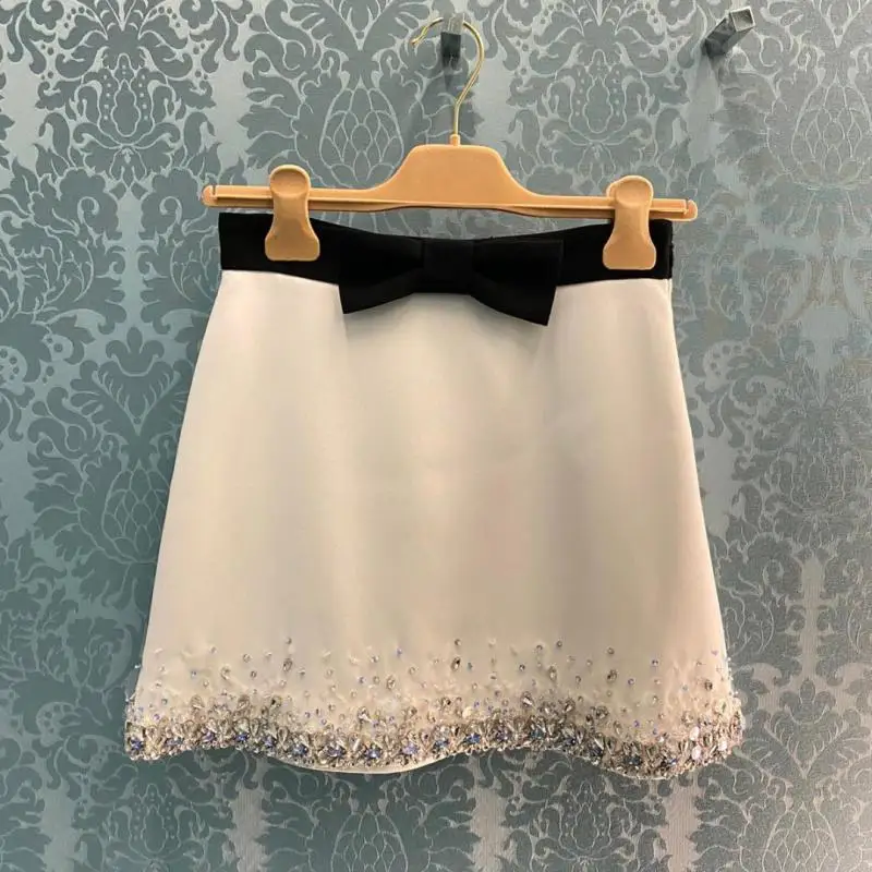 Design Luxury Diamonds Hem Women High Waist Skirts Bow White A-Line Mini Skirt Sexy Elegant Party Clothes 2023