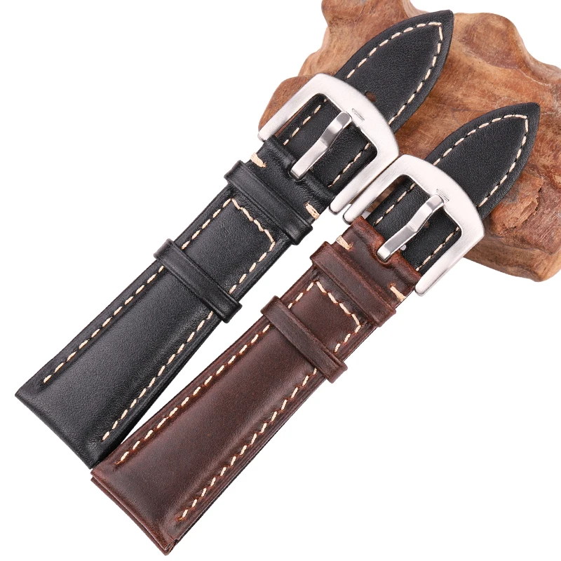 Oil Wax Cowhide Watch Band Strap Women Men Black Brown Smooth Genuine Leather Watchband 18 19 20 21 22 24mm Belt