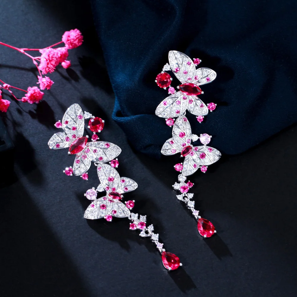 Pera Charming Butterfly Shape Hot Pink Cubic Zirconia Silver Color Long Dangle Earrings for Women Dancing Dress Jewelry E855