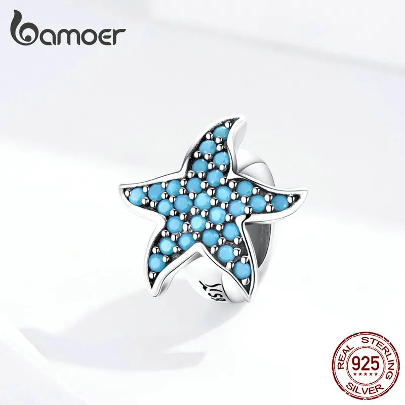 bamoer Blue Starfish Stopper Charm Silver 925 Original Beads fit Women Bracelet & Bangle Zirconia Charm with Silicone SCC1313