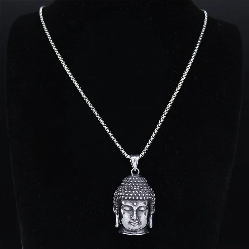 Bohemia Yoga Buddha Head Stainless Steel Necklace Women Silver Color Statement Necklaces Jewelry Collares Para Mujer NZZ64S04