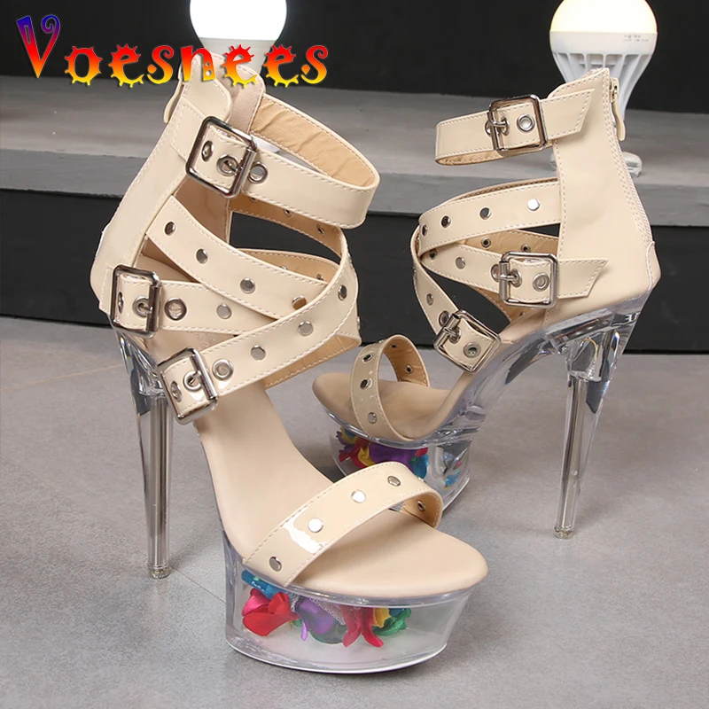 

Women 14.5CM Transparent Petal Platform Summer Cross Narrow Strap Customized Zip Sandals Sexy Rivets Gorgeous Pole Dancing Shoes