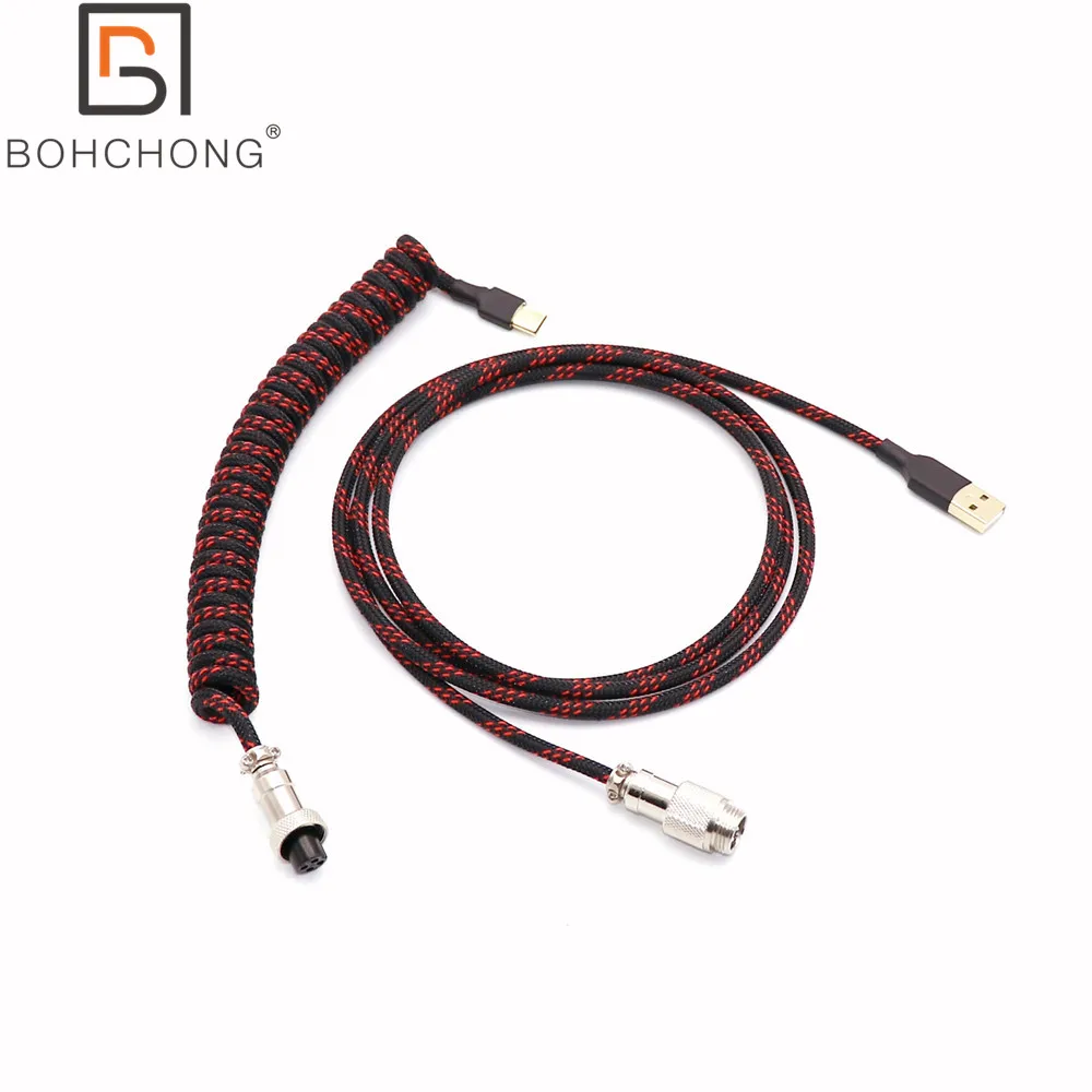 Custom Make Single Sleeved PET Coiled Spring  Type C Mini Micro USB Cable for Mechanical Keyboard Cable With GX12 GX16 Aviator