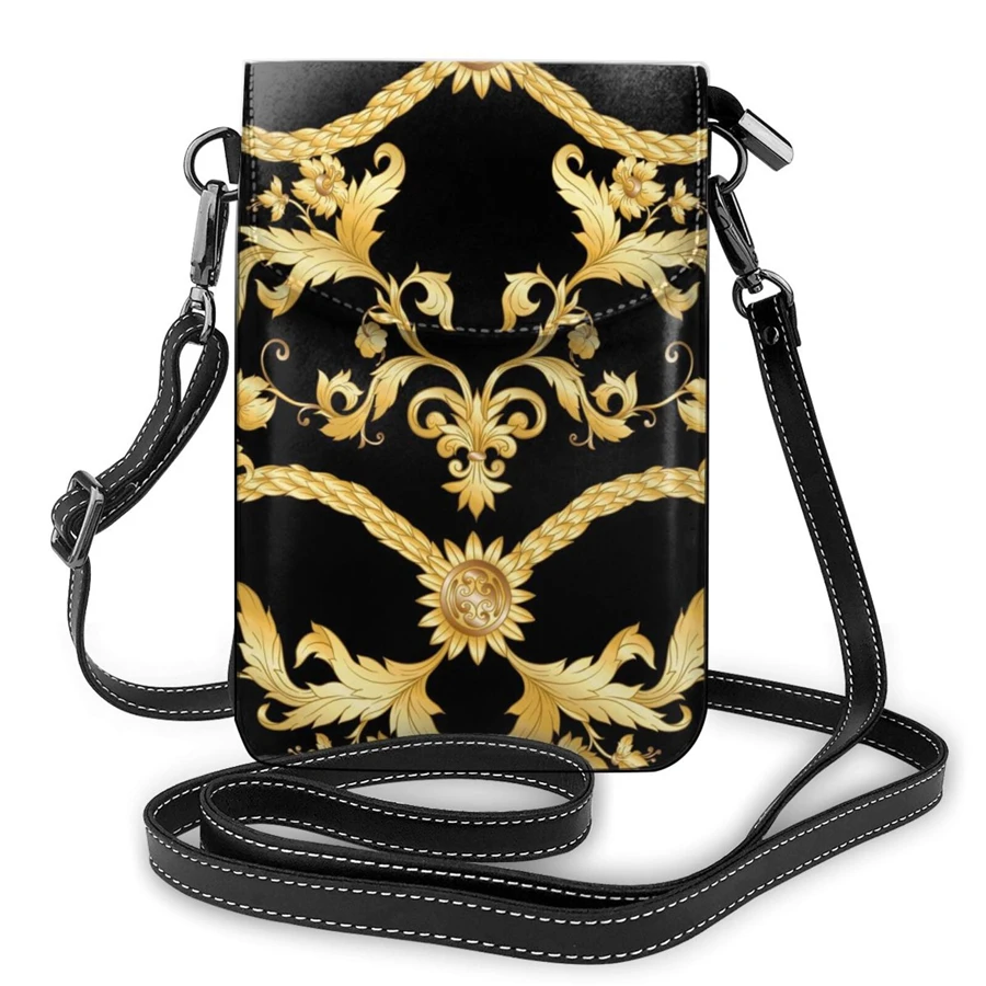 

Trend Women 2024 CrossBody Cell Phone Bag PU Lenther Messenger Luxuy Golden Flower Pattern Female Shoulder Mobile Purse Fashion