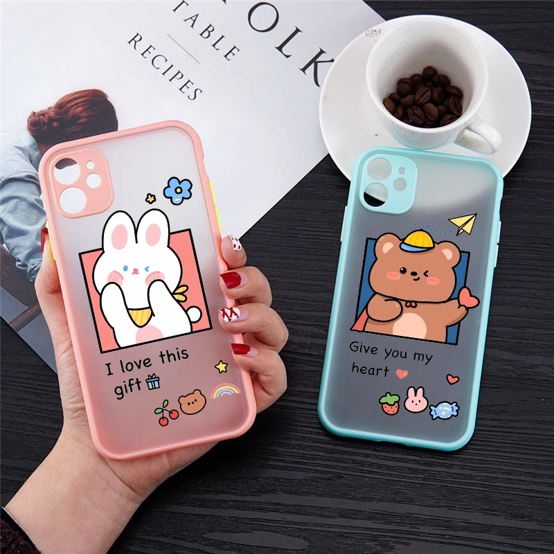 Couple Bear Pattern Phone Case for Apple IPhone XR 11 12 13 Pro XS Max 6s 7 8 Plus SE 2020 12Mini cartoon matte clear back cover