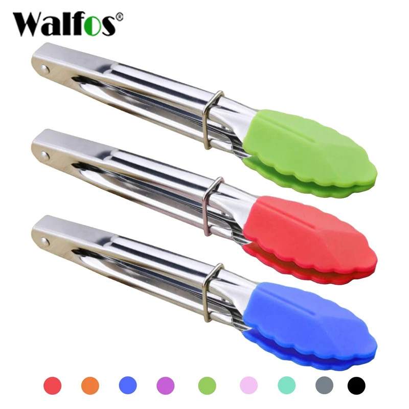 WALFOS 1pcs 7 Inch BBQ Nylon Tongs Tips Kitchen Mini Tong Heat Resistant Nylon Cooking Tongs Steel Food Tongs Kitchen Accessorie