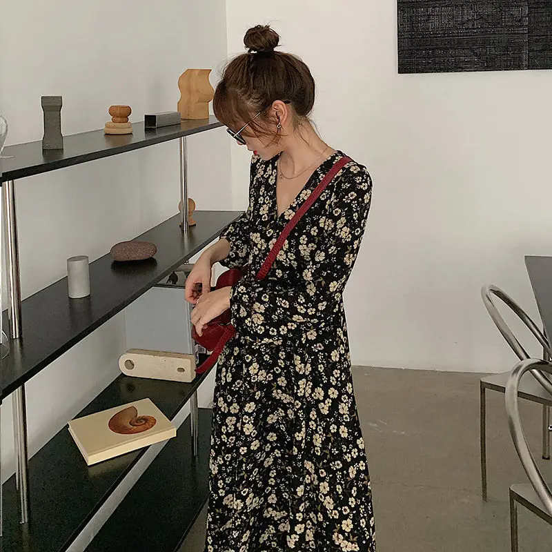 Long Sleeve Dress for Women Floral Vintage Designer Korean Style Street Vestidos Y2k Autumn Chic Mid-calf Casual BF Femme Tender