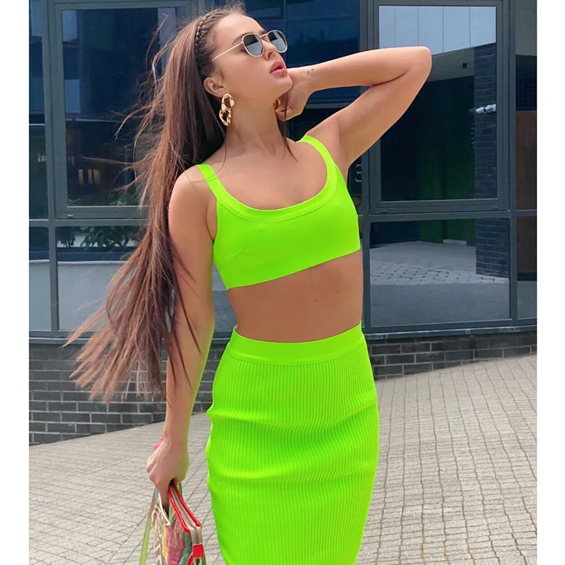 

Summer Sexy Sleeveless Solid Casual Slim Women Crop Tops And Skirt Two Pieces Set Suits
