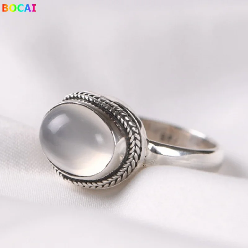 S925 Sterling Silver Charms Ring for Men Women Ear of Wheat Pattern Inlaid Moonstone Classic Punk Jewelry Wholesale