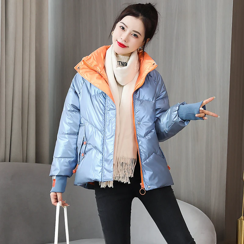 

Nice Women's Winter Thick Glossy Down Cotton Jacket Female Casual Stand Collar Short Parkas Outwear Warm Wadded Puffer Coat