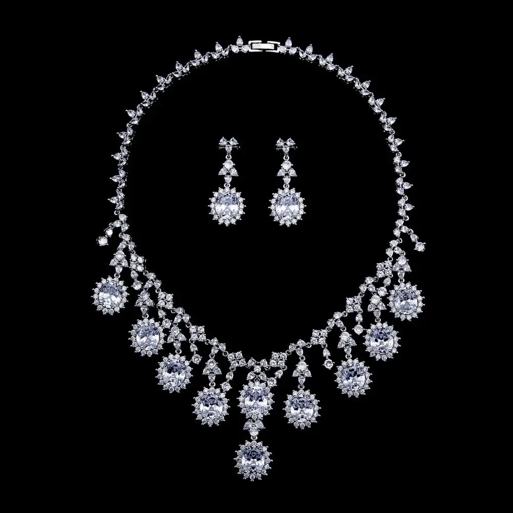 Classic Full 3A Cubic Zirconia Bridal Wedding Necklace Earring Set Top Quality Women Prom Party Jewelry Sets CN10268