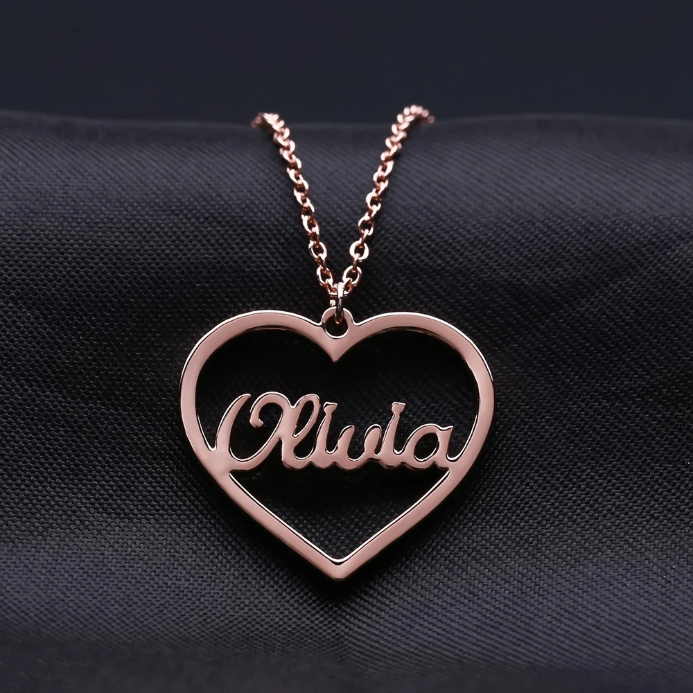 Multiple Font Personalized Heart Necklace Stainless Steel Customized Nameplate Necklaces For Birthday Gift Gold Name Jewelry