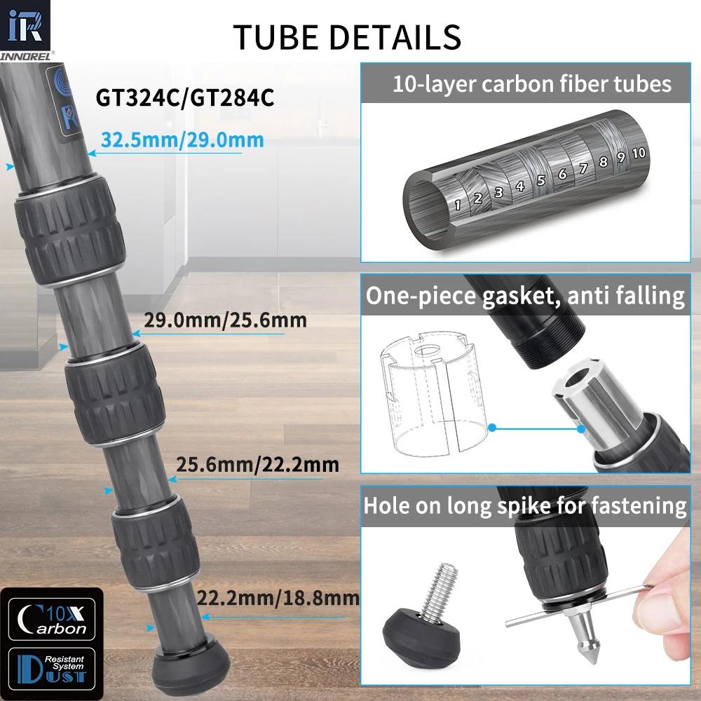 GT284C/324C Professional 10 Layers Carbon Fiber Tripod Low Gravity Center Ballhead & Special-shaped Center Column, for DSLR