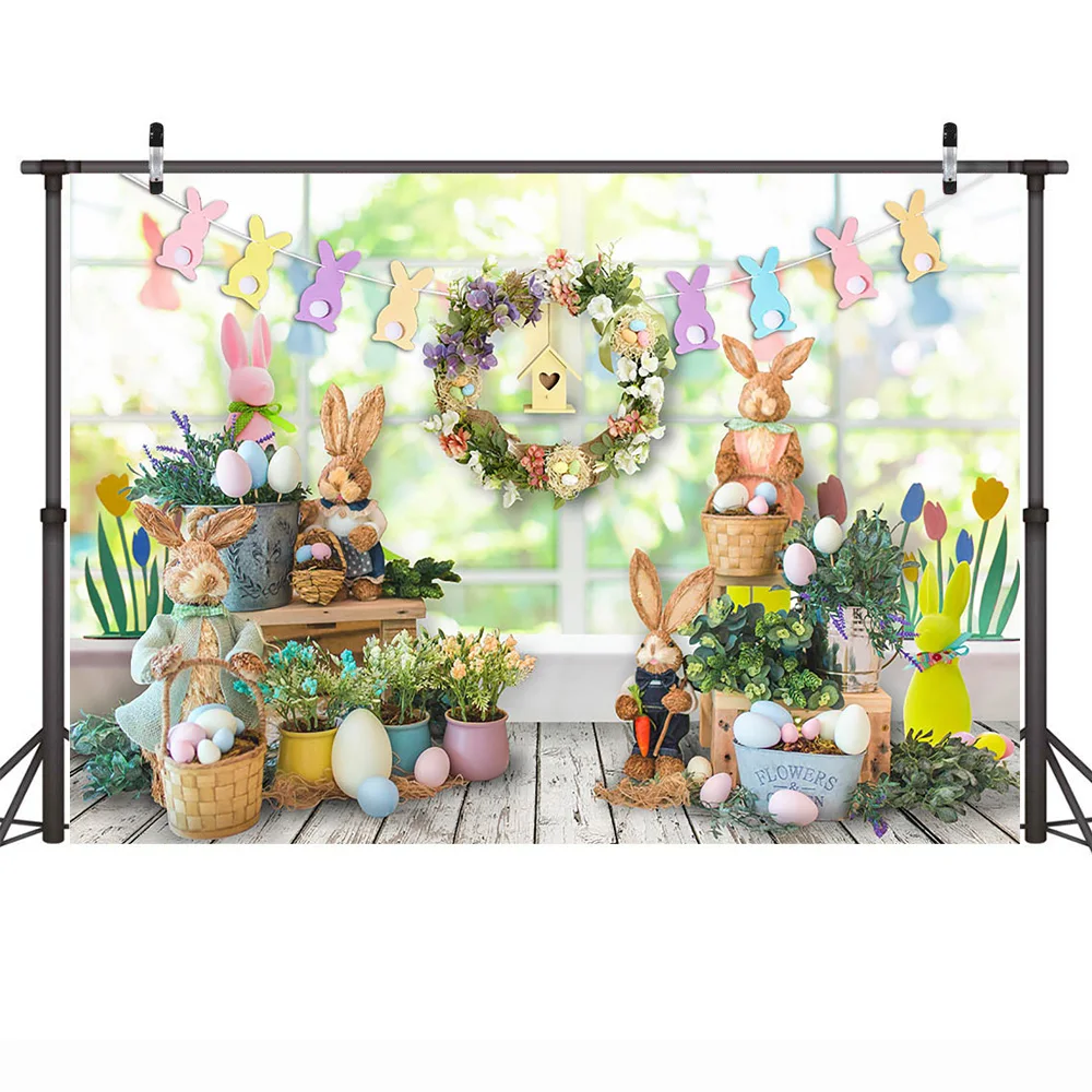 Happy Easter Party Backdrop Spring Rabbit Cake Smash Portrait Photo Background Colorful Eggs Flowers Grass Studio Photography