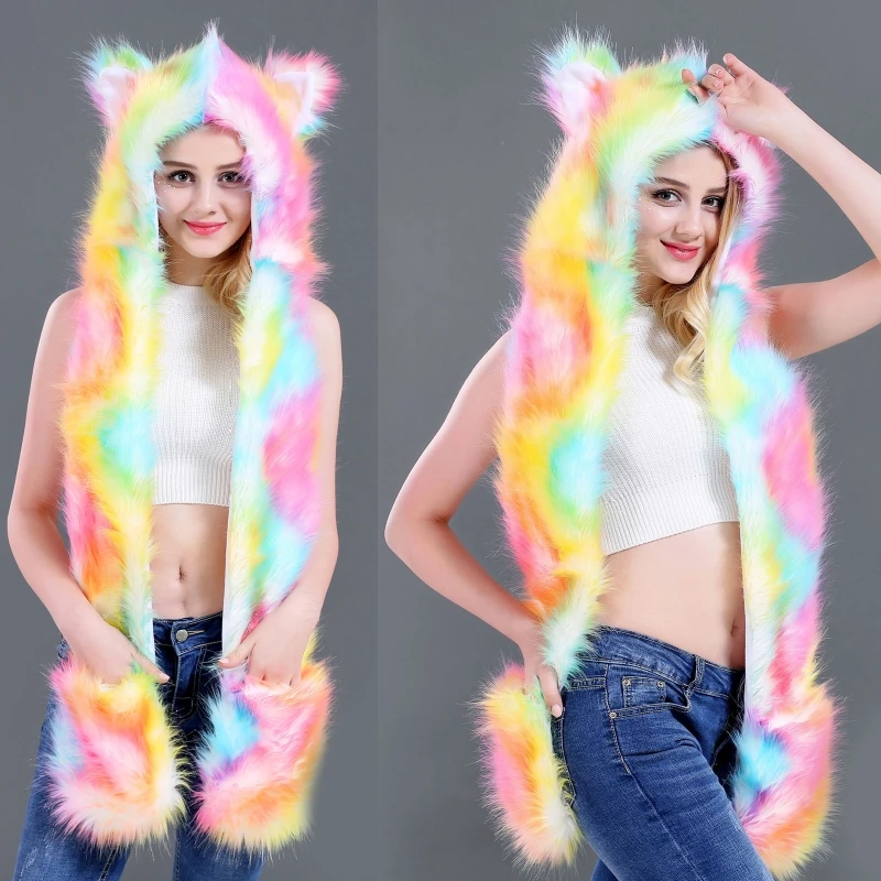 

Women 3 In 1 Furry Animal Hat Scarf Gloves Mittens Multifunctional Rainbow Colorful Winter Plush Hoodie Paws Ears