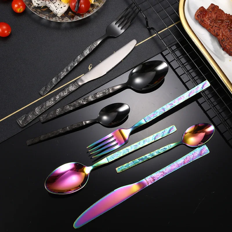 24pcs Gold Cutlery Set Stainless Steel Stone Grain Handle Knives Forks Tea Spoons Kitchen Tableware Dinnerware Dinner Silverware