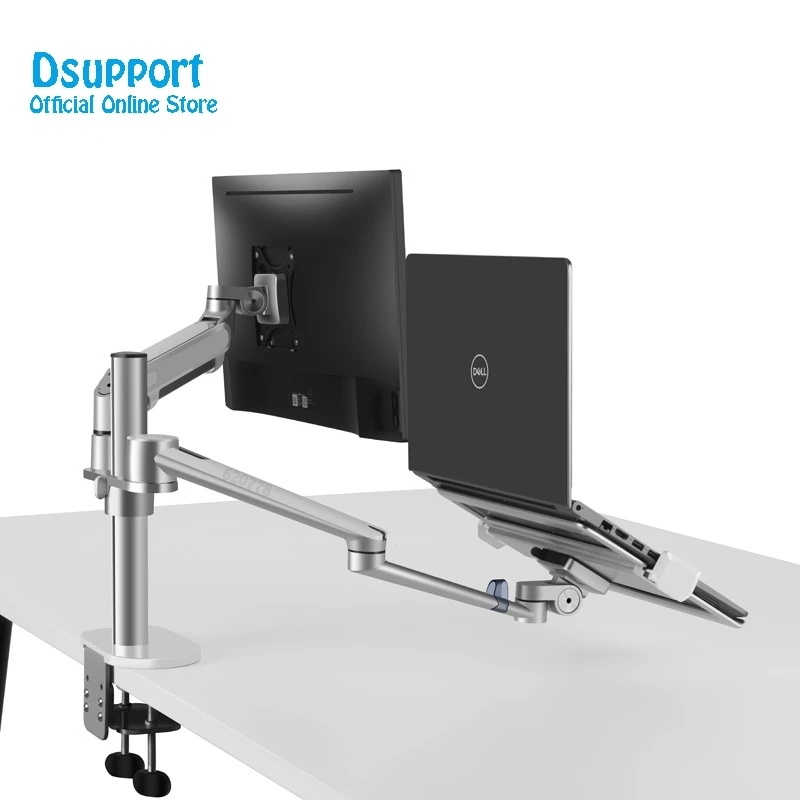 OL-3S Aluminum Height Adjustable Desktop Dual Arm 17-32 inch Monitor Holder+12-17 inch Laptop Holder Stand Full Motion Mount Arm