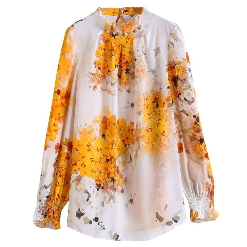 Imagem -05 - Blusa Estampa Floral de Manga Longa Feminina Camisa de Seda Real 100 Pura Elegante Blusa de Perolização Tops Soltos Feminina Primavera Verão