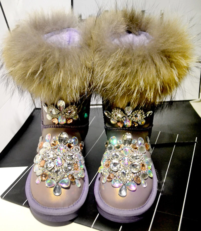 Luxury Real Fox Fur Rhinestone Beads Snow Boots Woman Gold Purple Leather Plush Inside Winter Boots Thick Sole Women Warm Shoes