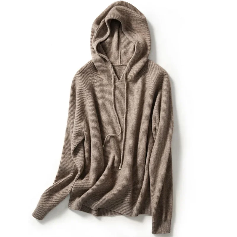 Western style autumn/winter Hooded Cashmere jumper women\'s loose 100% pure wool hoodie lazy style knit bottom hoodie