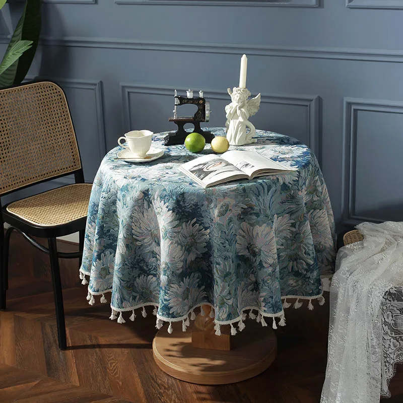 Beige tassel tablecloth with flower design for home, jacquard tablecloth, round table cover, blue oil painting