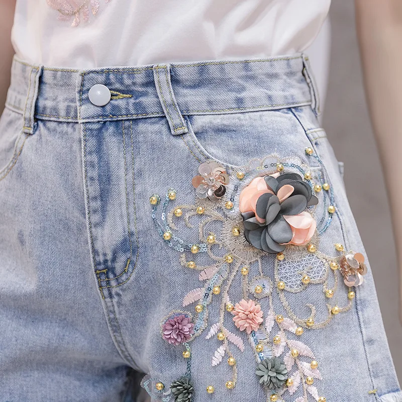 Hot Summer Women Sets Fashion Short Sleeve T-Shirt And Jeans Shorts Two-piece Set Female Embroidery 3D Flower Casual Suits Y230