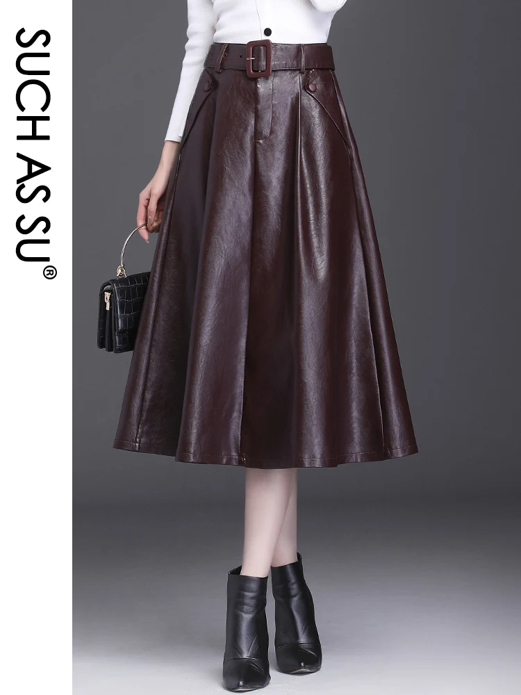 SUCH AS SU 4 Colors Available Autumn Winter New Arrival Ladies Skirts Pockets Pleated High Waist Leather Size Women Skirts