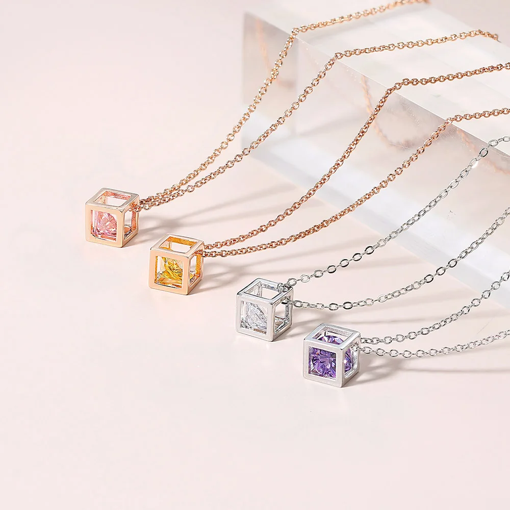 Hollow Out Cube Crystal Pendant Necklace For Women Kpop Colorful Zirconia Rose Gold Color Choker Chain On The Neck Jewelry N425