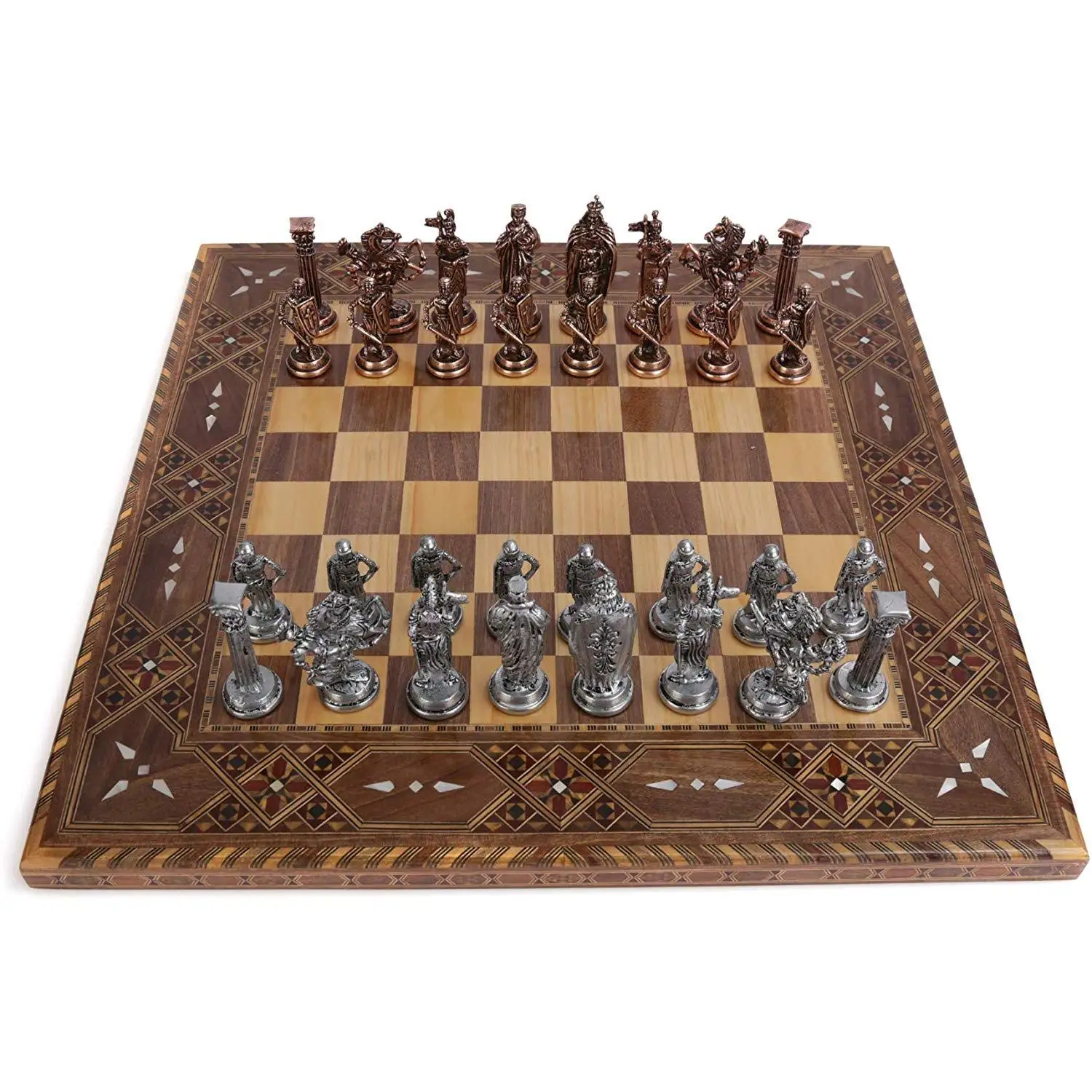 

Royal Medieval British Army Antique Copper Metal Chess Set,Handmade Pieces,Natural Solid Wooden Board,Original Pearl