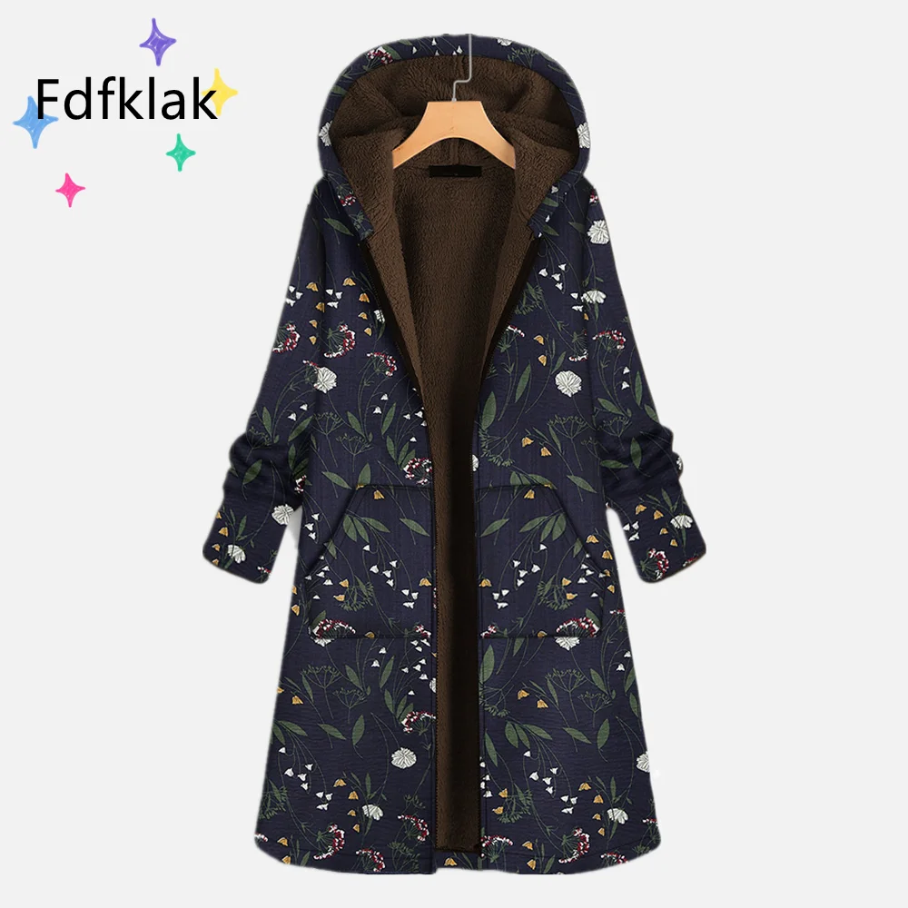 Fdfklak Korean Print Parkas For Women Clothing Cotton Linen Plus Velvet Thick Mid-Length Green Jacket Female 2021 Oversize