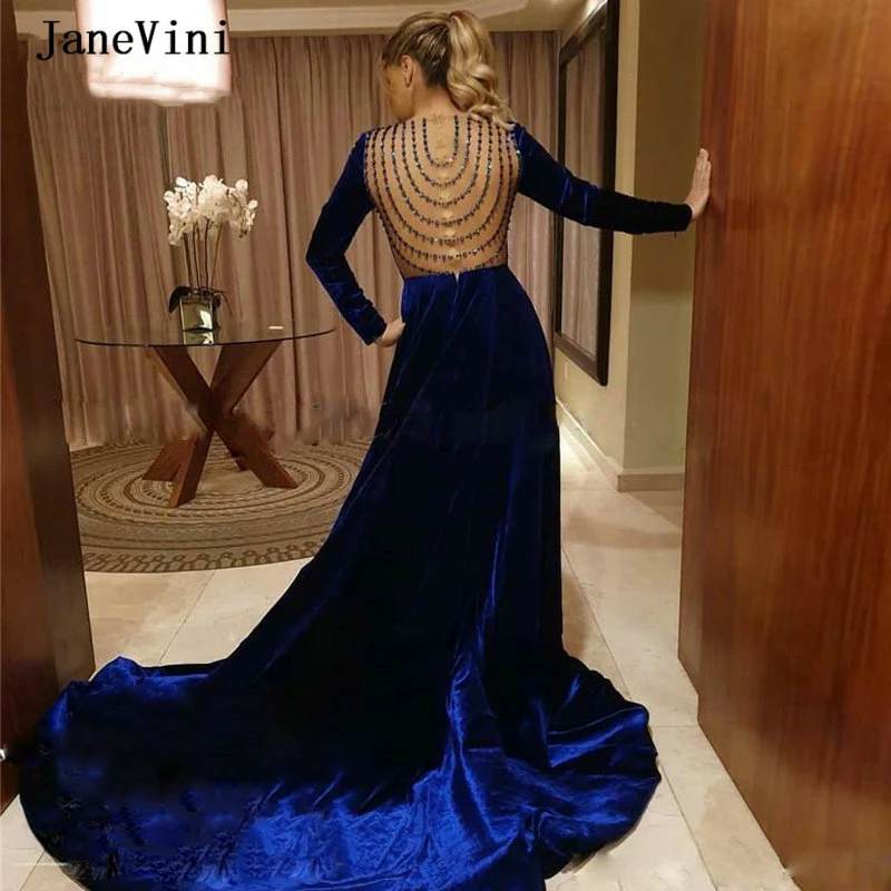 JaneVini – robe de soirée en velours bleu Royal, col carré, manches longues, perles, dos haut, fente latérale, grande taille, robe formelle