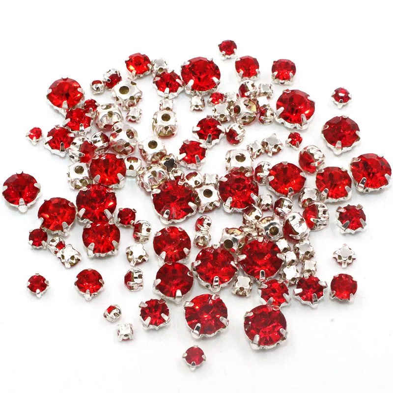 Free shipping Hot sale strass 100pcs/pack Mixed size Red glass crystal sliver base sew on rhinestones diy clothing accessories