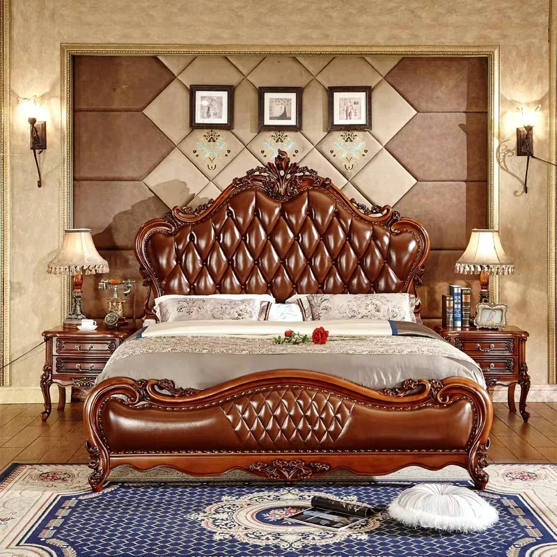 genuine leather bed solid wood carving master bedroom double solid wood1.8 m luxury American wedding bed