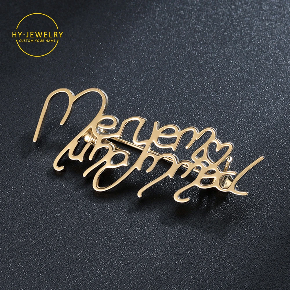 Custom Name Brooch Pin Stainless Steel Handwritten Font Name Lapel Pins Personalised Names Brooch For Women Men Jewelry Gifts