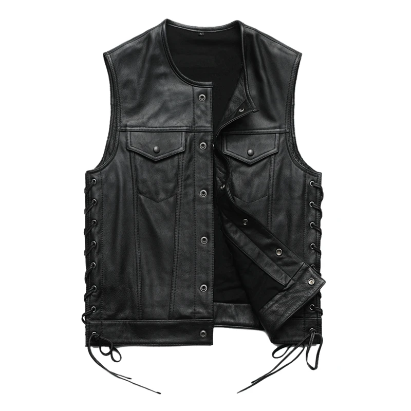 DHL Free Shipping Men 100% Cowhide Leather Motorcycle Vest Slim Biker Leather Vests Men's Designer Spring and Autumn Vest