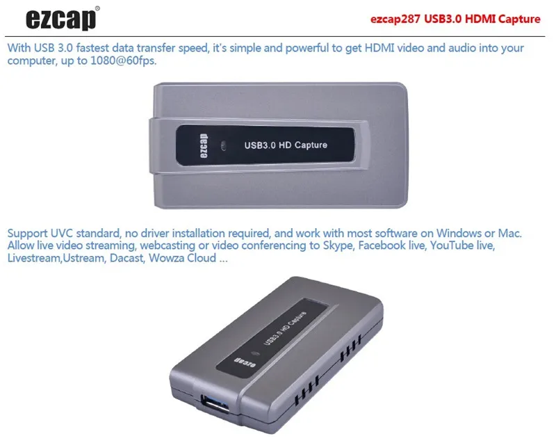 EzCap 287 게임 캡처 박스, HDMI 입력, USB 3.0 지원, UVC HD 비디오 오디오, Windows, Mac, Linux에 기록, PS4, PS3, Xbox 360, One