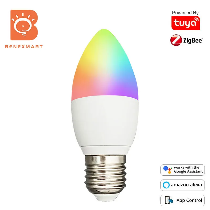 

Benexamrt E27 Led Candle Bulb Zigbee Lights Smart Dimmable Lamp 5W RGBCW Color Changing Tuya Alexa Google Home Smartthings 460lm