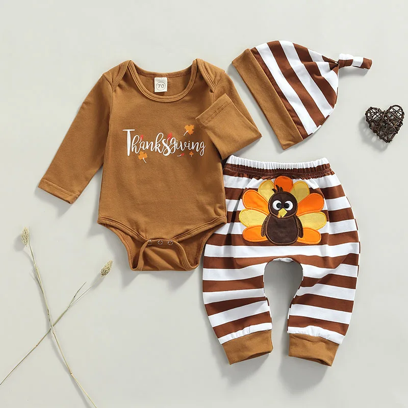 Toddler Baby Clothes 3Pcs Thanksgiving Day Outfits Long Sleeve Letter Print Romper Turkey Pants Hat Children's Clothing Sets